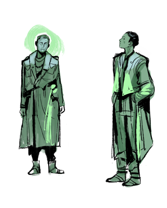 Illustration of two figures wearing long coats with green accents.