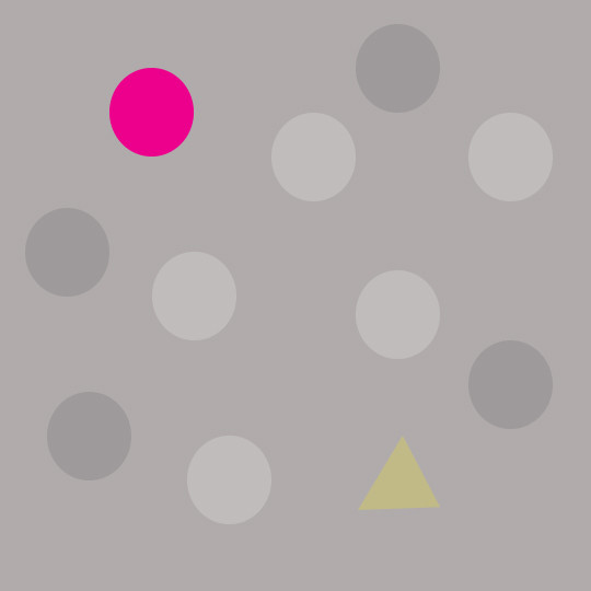 Illustration with eight grey circles, one pink circle, and a light triangle on a grey background.
