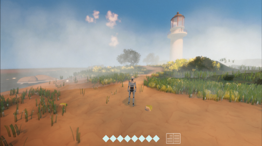 Game scene showing a character on a sandy path with a lighthouse in the background.