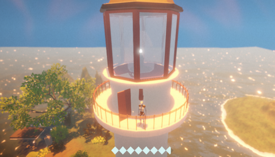 View of a lighthouse with a balcony, surrounded by water and small islands, shown in a game environment with sunlight.