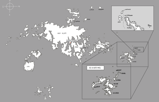 Map of islands with zoomed-in sections and names such as “Red Isles” and “Hiorring”.