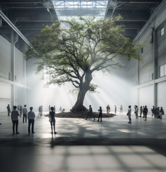 Large tree standing in a sunlit industrial hall surrounded by people