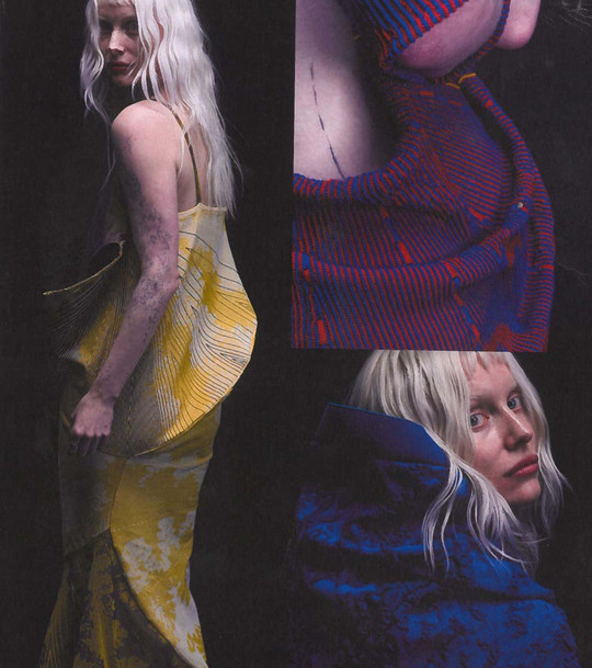 Fashion collage with close-ups of models in sculptural, patterned knitwear.