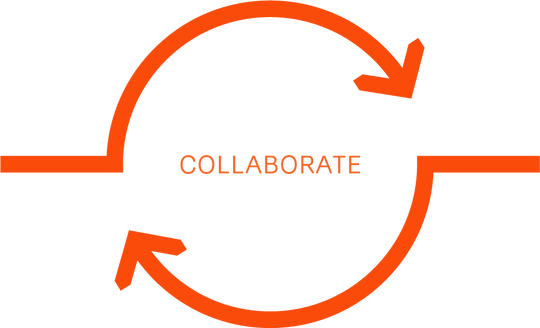 Logo - orange arrows in a neverending circle. Text: collaborate