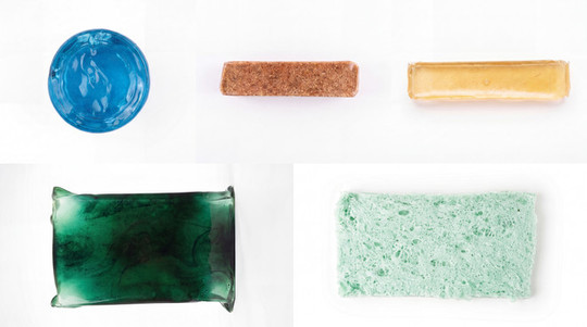 Five material samples in blue, green, amber and natural tones.