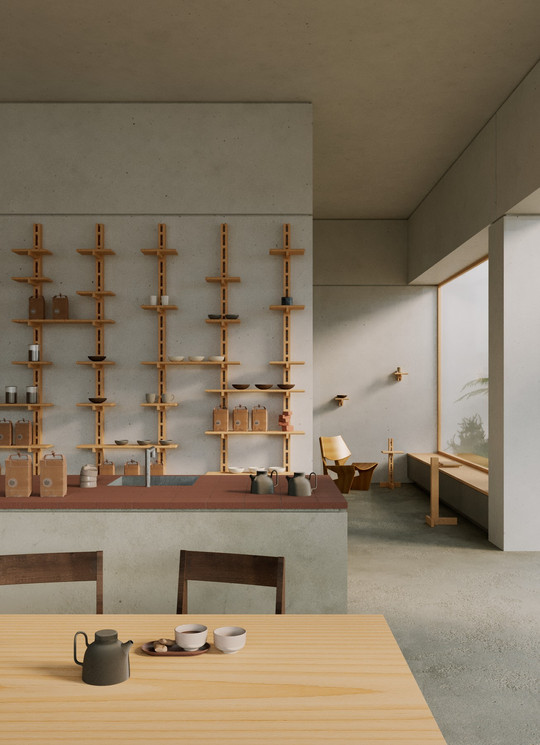 Rendering of a café interior with tall modular wooden shelving along the wall.
