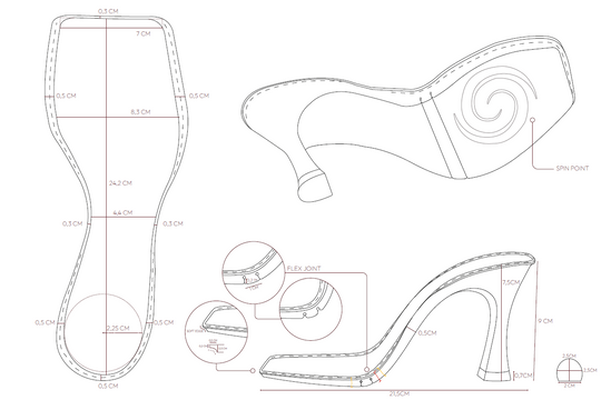 Technical drawing of a high-heeled dance shoe with dimensions, flex joint, and spin point.