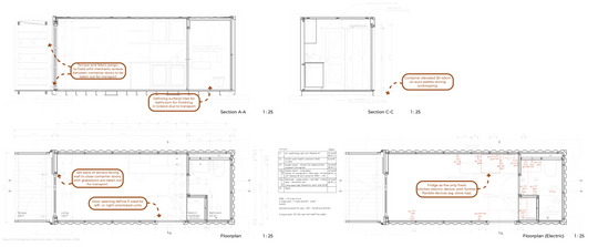 : Technical sections and floor plans of a container home with construction and layout notes.
