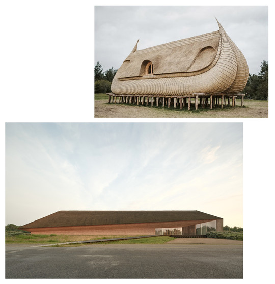 Two thatched buildings: a sculptural raised timber house and a low, elongated building with earth-toned walls.