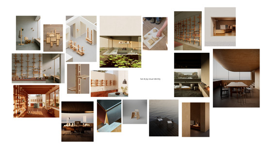 Mood board of interiors, wooden furniture and modular shelving in warm, muted tones.