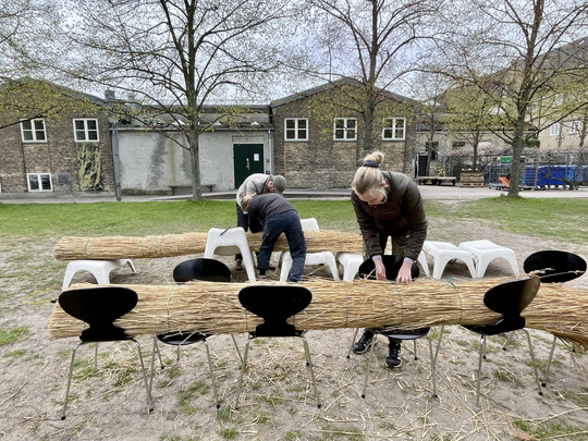 Three people are working outdoors, tying together long bundles of reeds in front of a brick building.