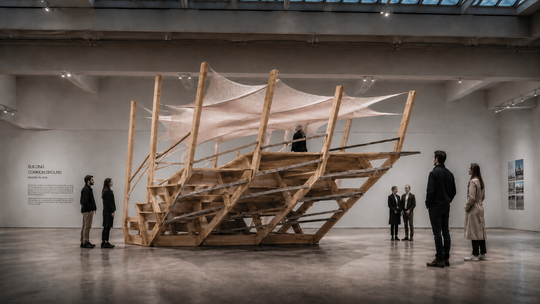 Visitors explore a large timber installation with stairs and stretched fabric at an exhibition.