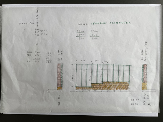 Hand-drawn sketch with dimensions and calculations for a wall construction with a timber frame and brick elements.