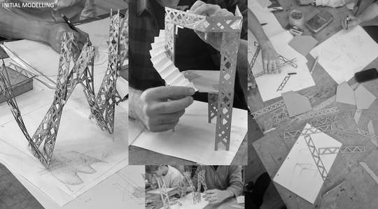 Black-and-white photo collage of hands drawing and assembling small models of lattice structures.