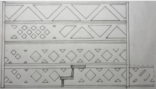 Hand-drawn construction sketch with repeated triangular and diamond-shaped lattice patterns.