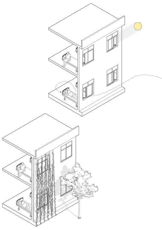 Two illustrations of a building in section, showing living spaces and green planting on the façade.