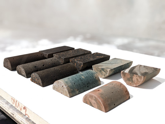 All geopolymer types that have been tested: three to the left - fly ash based and the other two - slag based