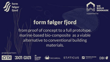 Blå grafik med hvid tekst. Teksten siger form følger fjord og viser en masse logoer i bunden