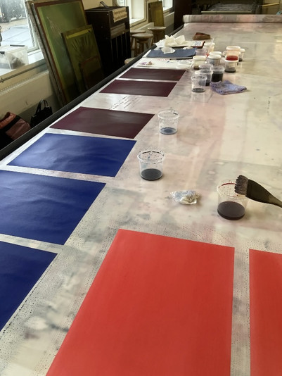 Production of hand-painted color samples for experimenting with color interactions on a larger scale. Production of hand-painted color samples for experimenting with color interactions on a larger scale.