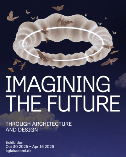 Grafik: Mørkeblå baggrund med hvid lysende oval. Brune sommerfugle flyver rundt om den hvide oval. Tekst: Imagining the Future