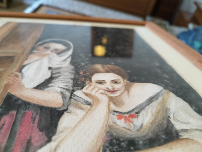 Close-up of a framed figurative painting behind glass with surface spotting.