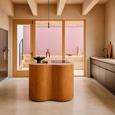 Bright, minimalist kitchen with a rounded wooden kitchen island and large glass door facing a pink courtyard.