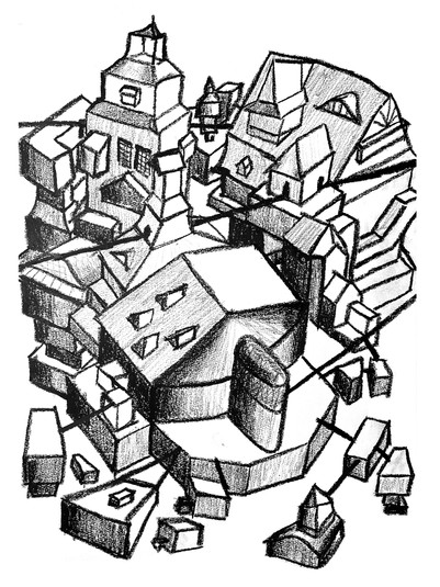 Drawing of the conglomerated building method, structures added over time as needed.