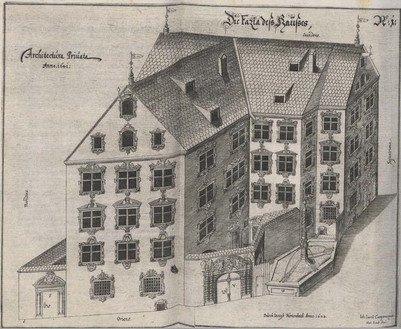 Historic engraving showing a large building in perspective.