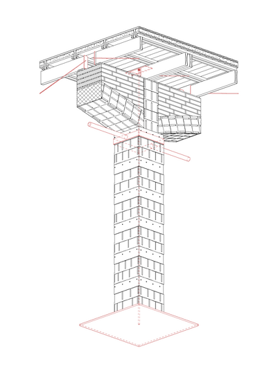 Technical axonometric drawing of a column and its connection to floor and roof structures.