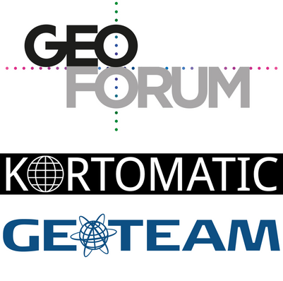 Three logos on a white background: GEO FORUM with colored dots, KORTOMATIC with a globe, and GEOTEAM with a globe motif.