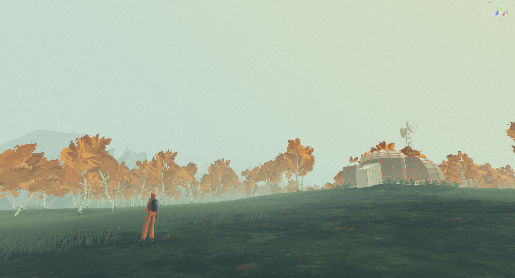 A landscape with a research facility on a hill in a background. In the foreground is a character in a orange suit. 