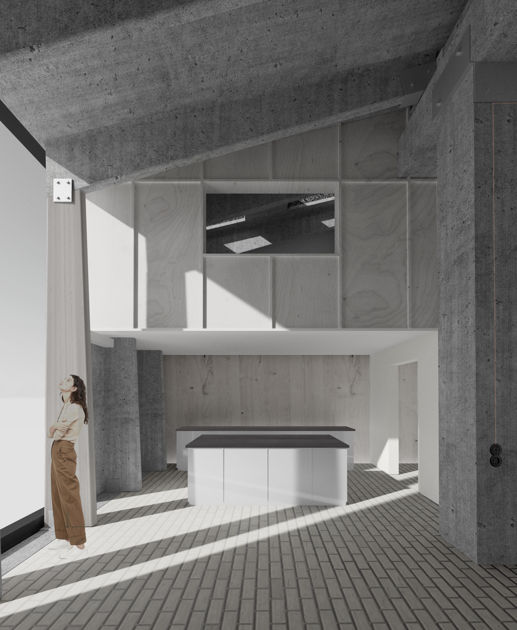The space is defined by a contrast between the heavy reused concrete frame and a new lightweight timber construction, which structures the kitchen area. The wood is introduced as a warm, tactile counterpoint to the raw concrete, while remaining structurally independent. Together, the two systems create a spatial rhythm where reuse meets refinement.