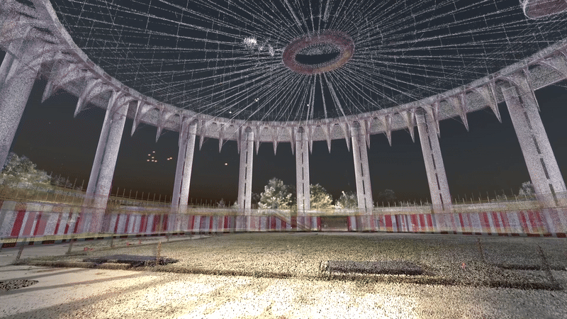 Three-dimensional spatial registration of the Pavilion, captured as part of the film’s early spatial analysis, a study from the perspective of the Tent of Tomorrow.
