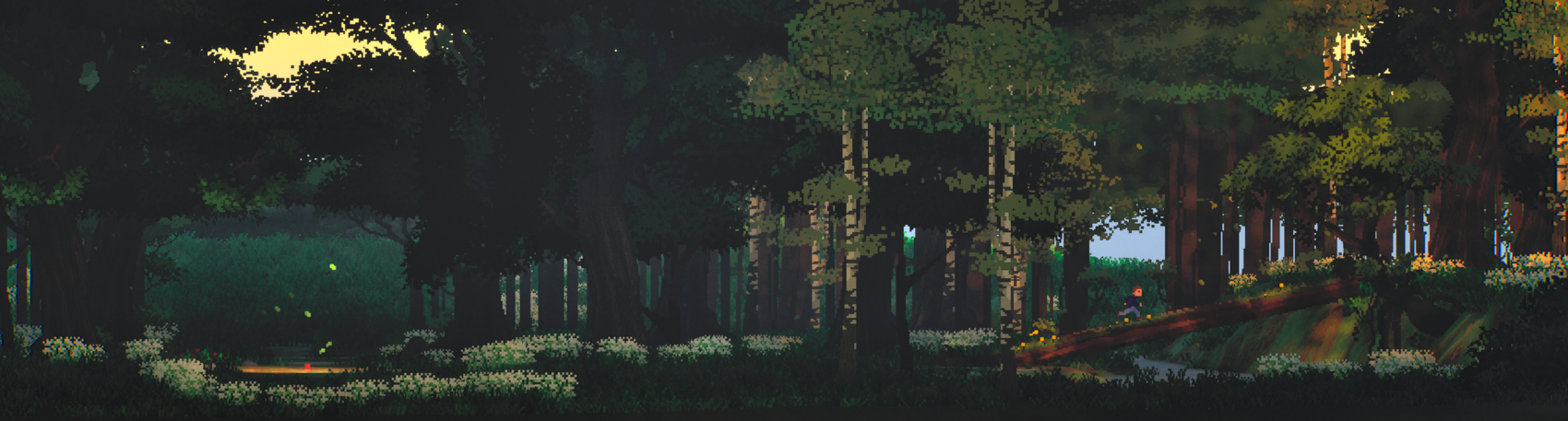 A romantic wide picture of a pixel art forest. A child is running on a broken log on the right side.