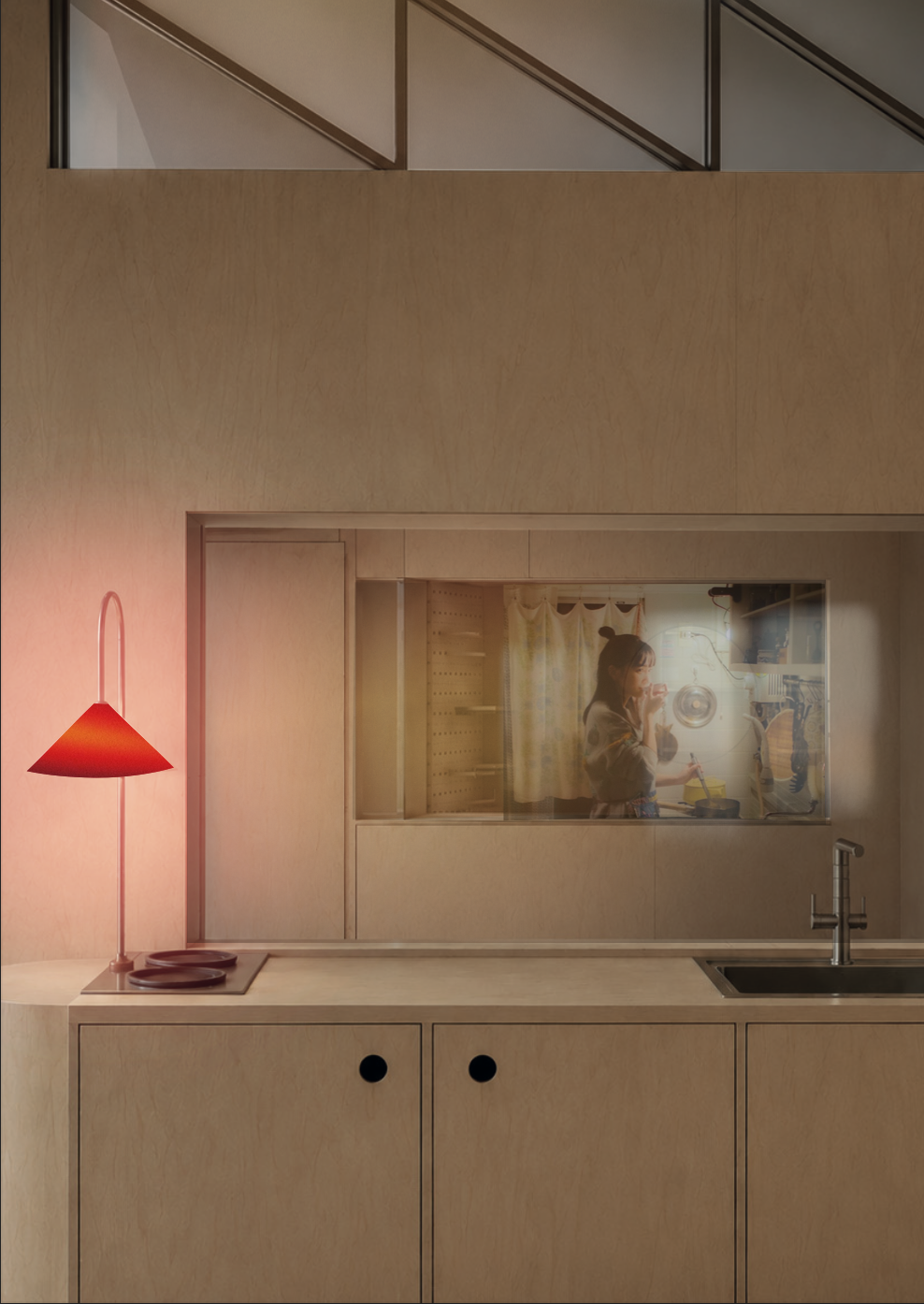 View from a private apartment to the corridor. Internal windows facing the corridor create visual permeability, transforming the corridor into an internal street that encourages interaction and a sense of community.