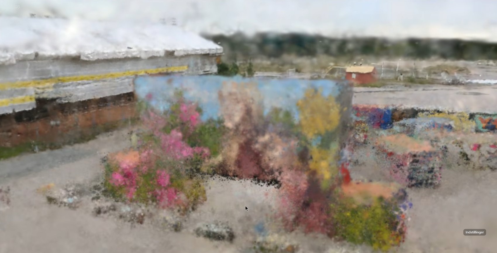 Colorful 3D point-cloud reconstruction of graffiti-covered concrete walls and plants.